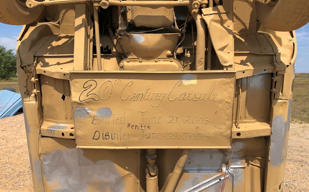 Not just an upright old car, but apparently a time capsule, closed in 2003, with a slated opening in 2053.